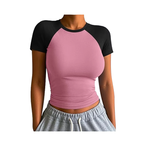 Womens Short Sleeve Cropped <b>Tops</b> Slim Fit Stretchy Color Block Slightly Shirts Fashion Clothes - Product Image 1