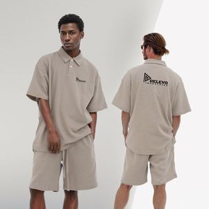 Polo <b>Shirt</b> with Short Set Plain <b>Waffle</b> Fabric 100% Cotton Jersey Men Short Set Heavyweight Multiple Color Blank Design - Product Image 1