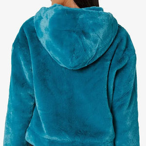 Custom Logo Winter Warm Women's Heavy Faux <b>Fur</b> Lined <b>Hoodie</b> Zipper-up Thick Solid Blue Front Printed Hooded Collar - Product Image 2