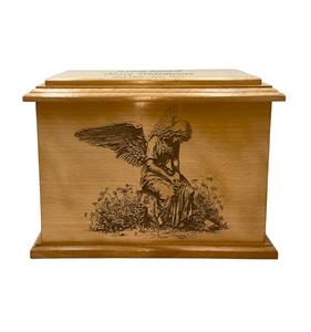 Urna de cremación de Ángel de duelo con personalización, urna de cremación grabada de madera de tamaño adulto para cenizas humanas - Product Image 1