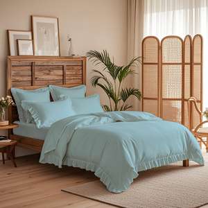 Juego de Ropa de Cama de Lujo de 4 Piezas en Polialgodón con Diseño Azul Sólido, Funda de Edredón con Volantes, Sábana Ajustable y Fundas de Almohada - King para Uso Doméstico - Product Image 3