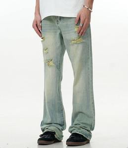 Pantalones Vaqueros de Mezclilla con Logotipo Personalizado, Estilo Vintage, Rotos, Elásticos, Ajustados, Holgados, Deslavados, Acampanados para Hombre, Nueva Llegada, Alta Calidad - Product Image 2