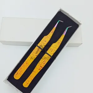 Pinzas de extensión de pestañas con punta de arcoíris de Color amarillo de 45 y 90 grados, pinzas de pestañas con logotipo privado de acero inoxidable sólido