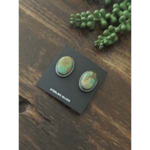 Larry Kaye Kingman Turquoise & Sterling <b>Silver</b> <b>Stud</b> Earrings Bezel Setting Post Earrings - Product Image 3