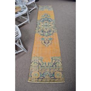 Vintage Rug 1.9x9.7 ft (57x297 cm), <b>Yellow</b> Patchwork Turkish Rug - Product Image 1