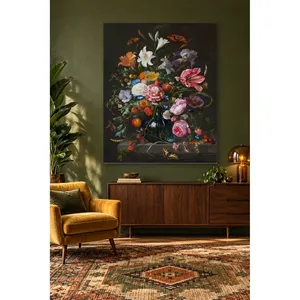 Bouquet de fleurs baroque Fida avec papillons sur fond foncé, impression sur toile - Product Image 5