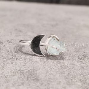 Bijoux en pierre brute bague pour femme aigue-marine naturelle pierre précieuse brute mars pierre de naissance croissant de lune bijoux bague en argent Sterling 925 - Product Image 2