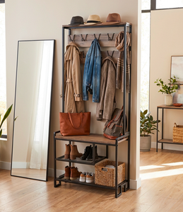 Porte-manteau d'entrée avec banc à chaussures, style industriel, avec étagère, en métal - Product Image 1