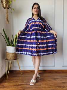 Vestido Midi de algodón teñido a mano hecho a medida-Cuello en V y cintura con cordón para mujer adecuado para clientes boutique y revendedores de prendas - Product Image 5