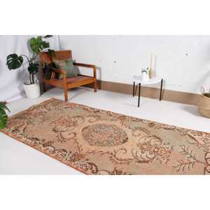 Vintage Turkish Rug 3.5x8.6 ft, <b>Brown</b> Area Ombr <b>Wool</b> Rug - Product Image 3