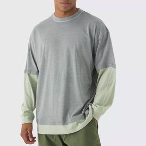 Camisa corta de manga larga lavada de doble capa para hombre 2025 transpirable 100% algodón tejido de punto con cuello redondo pesado - Product Image 1