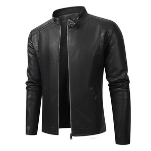 Chaqueta térmica de cuero cálida a la moda para hombre, chaqueta informal ajustada para motorista, chaqueta con cuello levantado de PU para silueta suave - Product Image 1