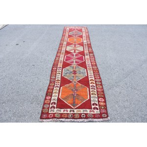 Alfombra Kilim clásica roja y naranja de 2,8x12,5 pies, alfombras rectangulares turcas de área grande de lana, retales abstractos de látex de 10mm para pasillo - Product Image 1