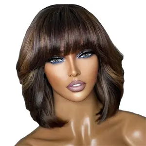 Brown Highlight Bob with Bangs Wholesale Brazilian Human Hair For Women