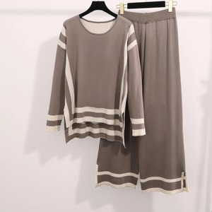 Conjunto de Punto Elegante para Mujer, Cuello Redondo, Diseño a Rayas, Top de Manga Larga y Pantalones Anchos, Traje Casual para Oficina, Suéter Holgado para Estar en Casa - Product Image 5