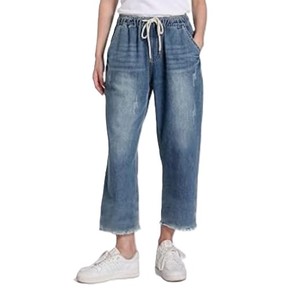 Pantalones acampanados de verano 2025 para mujer, pantalones vaqueros holgados con cintura elástica y patrón sólido, ropa de calle, pantalones informales con cordón, transpirables - Product Image 1