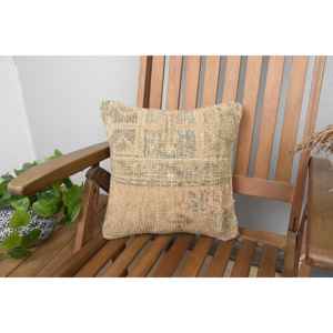 Luxury 14x14 Inch Beige Kilim Patchwork Wool Pillow Rustic Floral and Vintage Print <b>Throw</b> Pillow for Bedding Woven with <b>Silk</b> - Product Image 1