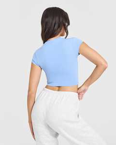 Camiseta de algodón 100% azul en polvo de primera calidad para mujer, camiseta informal ligera, transpirable y elegante de diseñador, camiseta de entrenamiento de gimnasio de ajuste relajado - Product Image 5