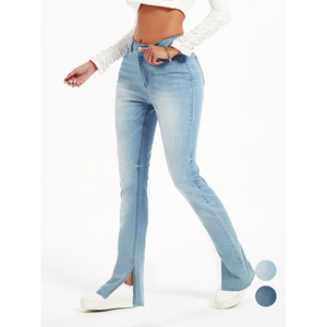 Paola Riboni - Jeans de mezclilla de cintura alta para mujer, corte recto ajustado, lavado claro, estilo vintage, largo completo - Product Image 1