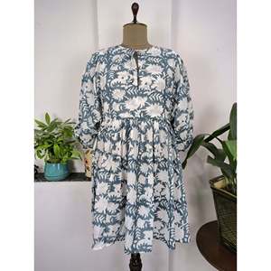 Boho Cotton Dress Hand Block Printed Short Length Hand Stitched Perfect Anniversary Christmas Gift for Mom <b>Sister</b> Her Grey White - Product Image 1