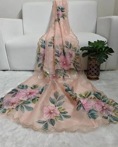 Diseñador de moda suave satén organza Sari con flor estampado a mano blusa elegante más vendida fiesta boda ropa Casual mujeres - Product Image 5