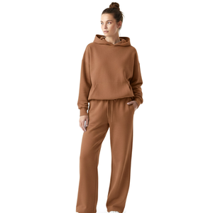 Ensemble survêtement décontracté pour femme, hiver, uni, à capuche, écologique, 2 pièces, pull, pantalon à taille élastique, haute qualité, 100% polyester, adulte - Product Image 4