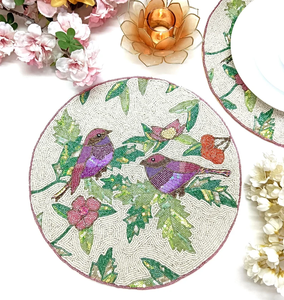 Birds and Floral Beaded Handmade Round <b>Glass</b> <b>Coaster</b> in Various Sizes with Contemporary Design for Home Furnishing - Product Image 6