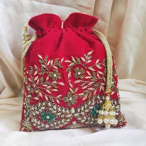 Stunning Fuchsia for <b>Pink</b> Velvet Potli Wrist <b>Bags</b> Beautiful <b>Party</b>-Wear Embellished Crystal Glass Beads Pearls Embroidery Work - Product Image 1
