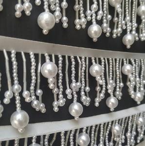 Handmade 90cm Long 6.5cm Wide Pearl Beads Beaded Fringe, white, black, <b>lampshade</b> fringe, dress fringe, diy bead fringe - Product Image 2