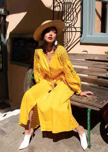 2024 nouveau concepteur Boho robe de plage femmes blanc fleuri brodé lin coton à manches longues Maxi élégant printemps Style décontracté maille - Product Image 5