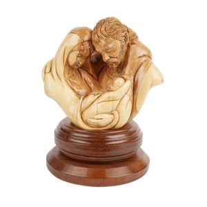 Escultura de la Sagrada Familia Tallada a Mano en Madera de Olivo, Diseño Art Deco Ghassan Salsa, 21 cm, Decoración Navideña Religiosa Hecha a Mano - Product Image 1
