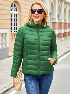 Veste bomber courte matelassée verte pour femme, automne/hiver, capuche, légère, doudoune, fermeture éclair sur le devant, confortable, chaude, vêtements d'extérieur pour le quotidien, froid - Product Image 2