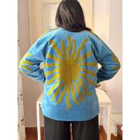 Veste réversible en velours brodé fait main Blue Sun, taille unique, col montant, doublure en lin, extérieur en cuir, style bohème doux