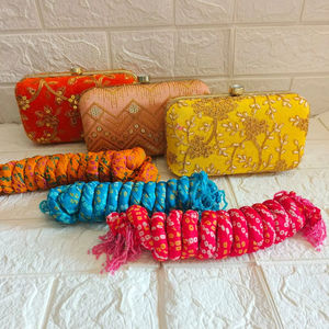 Indian Wedding Return Gift Combo Embroidered <b>Clutch</b> Purse & Pure Silk Bandhani Dupatta <b>Bridesmaid</b> Gift Party Favor Ethnic Set - Product Image 1