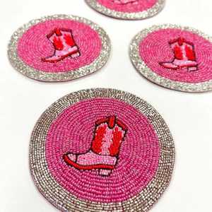 Handmade <b>Beaded</b> Coaster <b>Set</b> with Pink Cowgirl Boot Design Decorative Round Glass Mats for Parties & Gifting Mats for Home - Product Image 1