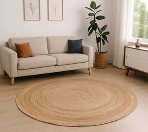 พรมปอกระเจาทรงกลมทอมือทำมือ |   พรมปูพื้นสไตล์บ้านไร่จากเส้นใยธรรมชาติ |   สไตล์โบโฮแบบเรียบง่าย ป้องกันแบคทีเรียและกันลื่น สำหรับห้องนั่งเล่น - Product Image 1