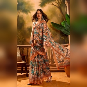 Sari de Lino y Algodón Premium Maldives Mist GG-124, Acuarela Normal con Borla, Aproximadamente, Estilo Blusa, Salidas, Tradicional, Geométrico - Product Image 5