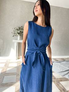 Ropa de calle azul Vestidos de cintura alta Lino Largo Maxi Tallas grandes Vestido bohemio Estilo minimalista Ropa Maxi Longitud Vestido OEM - Product Image 4
