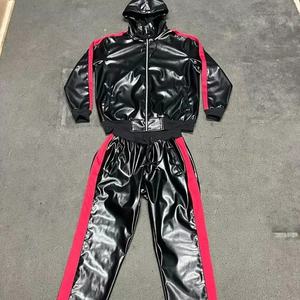 Chándal de Invierno Personalizado Unisex de Cuero Negro/Rojo con Capucha, Cintura Elástica, Cortavientos y Transpirable, Talla Grande - Product Image 1