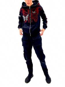 Full Face <b>Red</b> Skeleton Zip <b>Hoodies</b> Oversized Streetwear Gothic Skull Mask Rhinestone Butterfly Design Fleece Bling Custom Logo - Product Image 4