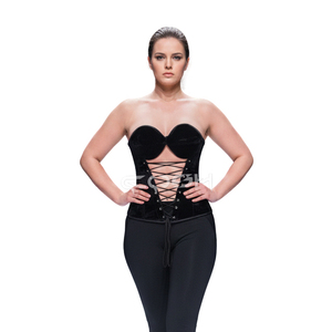 Corset sexy en velours noir à décolleté plongeant en V, avec laçage frontal, baleines en acier et bonnets cœur, style mode, Fabricant - Product Image 1