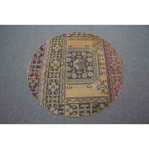 Alfombra Turca Redonda de 3.6x3.7 pies, Alfombra Vintage, Alfombra de Lana con Diseño Floral Marrón y Azul - Product Image 1