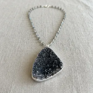 Collar con Colgante de Labradorita Negra Geode Druzy, Cadena con Cuentas, Plata de Ley 925, Certificado, Regalo de Boda, Día de la Madre - Product Image 6