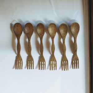 Vajilla marrón de madera de mango hecha a mano, apta para alimentos naturales, ecológica, 2 en 1, tenedor, cuchara, juego de vajilla, platos de arroz para el hogar, fiesta - Product Image 2