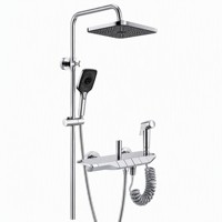 Système de douche mural STOCCO Chrome 4 fonctions à touches piano, avec pommeau de pluie en laiton et douchette à main