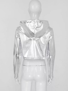 เสื้อกันหนาวกีฬาสำหรับผู้หญิงเสื้อครอปมีฮู้ดเมทัลลิกแขนยาวมีซิปเสื้อครอปแบบลำลอง - Product Image 6