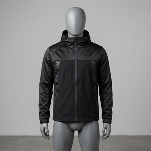 Veste softshell noire à capuche pour homme, fermeture éclair intégrale, veste coupe-vent décontractée pour sports de plein air, design à panneaux camouflage - Product Image 1