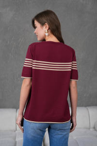 เสื้อถักแขนสั้นคอกลมสำหรับผู้หญิงเสื้อยืดเสื้อถักลายทางระบายอากาศได้ดีมีสไตล์สวมใส่สบาย - Product Image 3