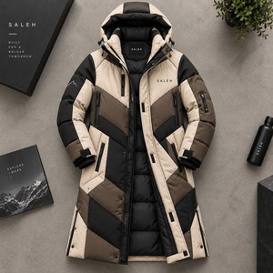 Low MOQ <b>Long</b> <b>Puffer</b> <b>Jacket</b> with Quilted Layers Warm Interior Adjustable <b>Hood</b> Canvas Fabric Winter Season Front Logo - Product Image 4
