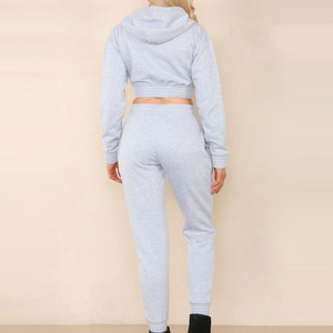 Logo imprimé bouffant personnalisé femmes deux pièces à capuche ensemble coupe coudre coton joggers survêtement soleil délavé recadrée à capuche ensemble - Product Image 2